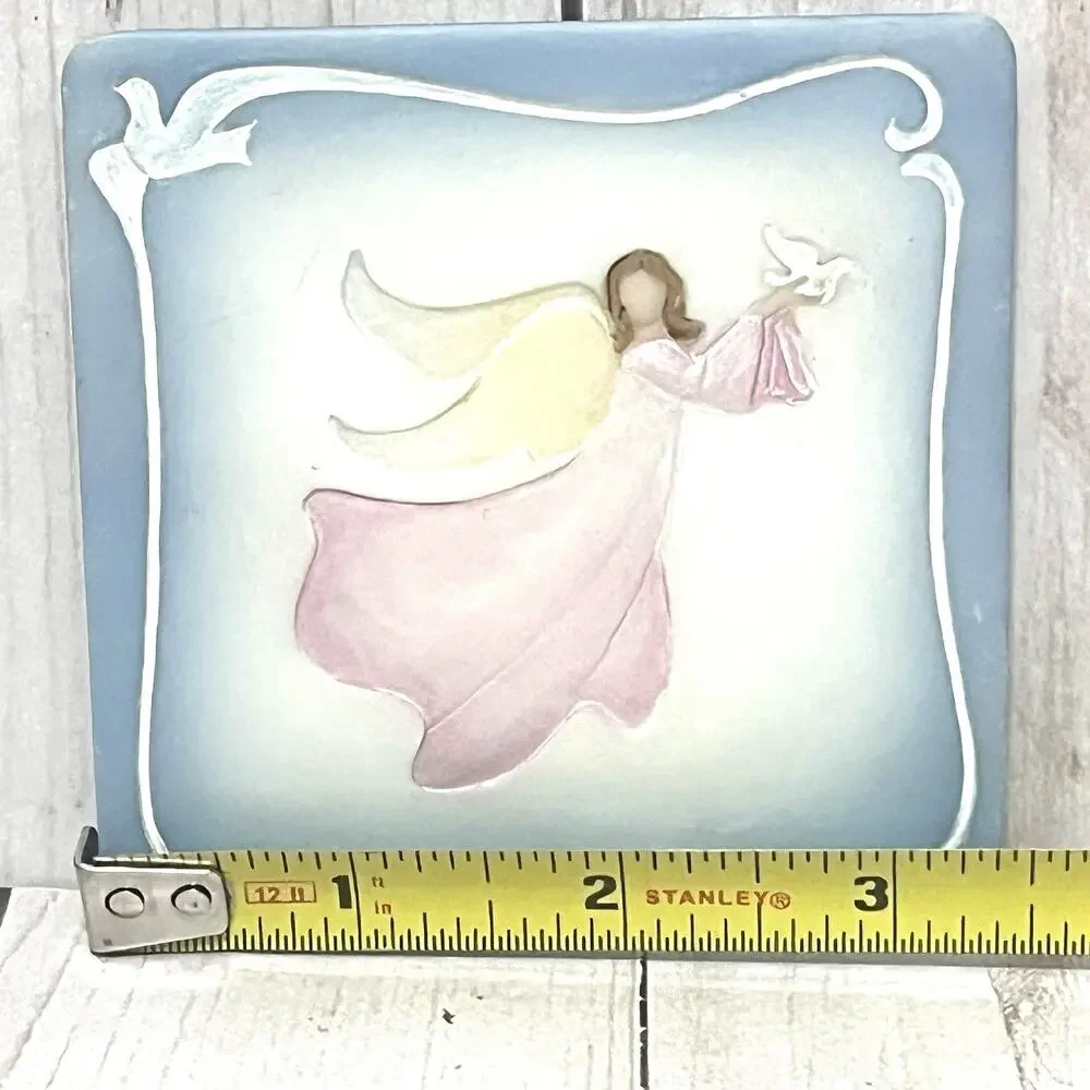 VTG Cottagecore Angel Tile Coasters Raised Ceramic Peace Dove Cork Back Set 4